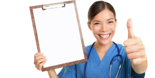 a nurse holding a clipboard and giving a thumbs
