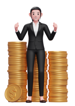 a man in a suit standing next to stacks of coins