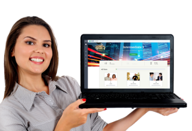 a woman holding up a laptop computer