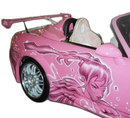 a pink toy car with a cat on it