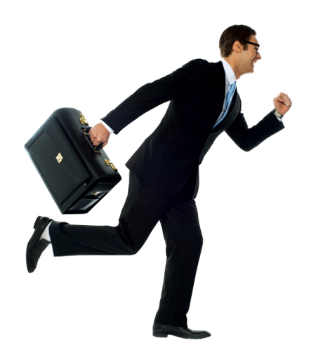 a man in a suit running with a briefcase