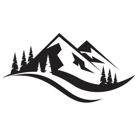 a black and white silhouette of mountains with trees