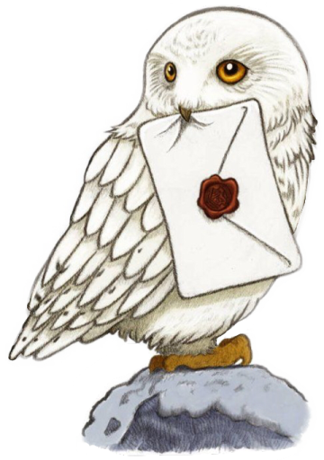 an owl with a letter in its mouth