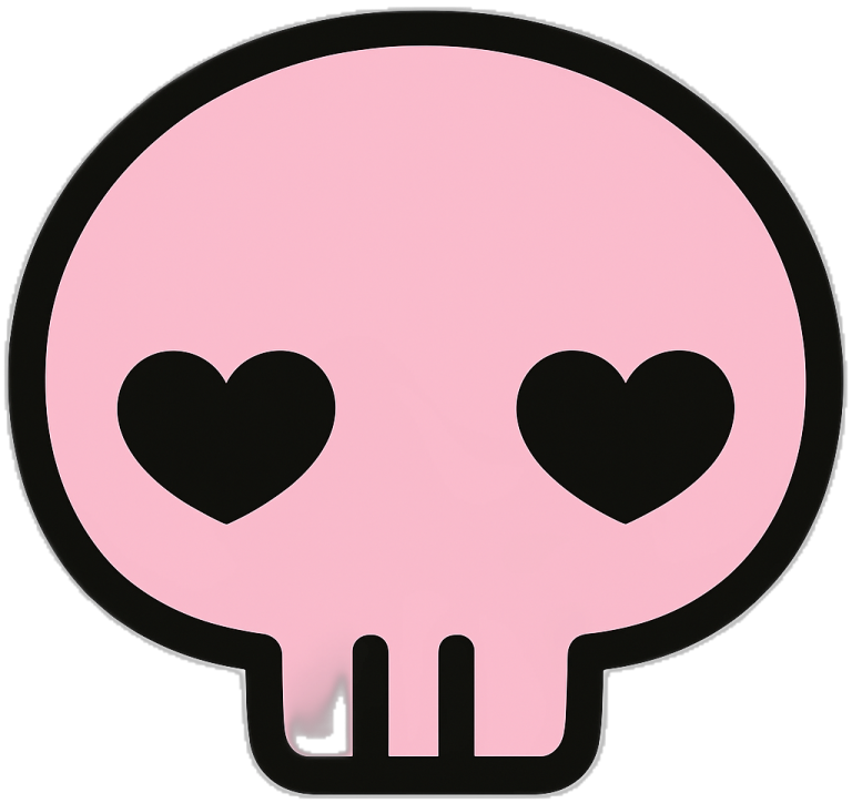a pink skull with black hearts on it