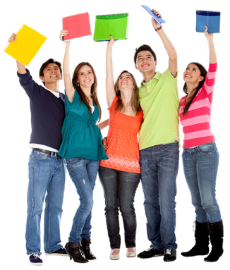 a group of young people holding up books