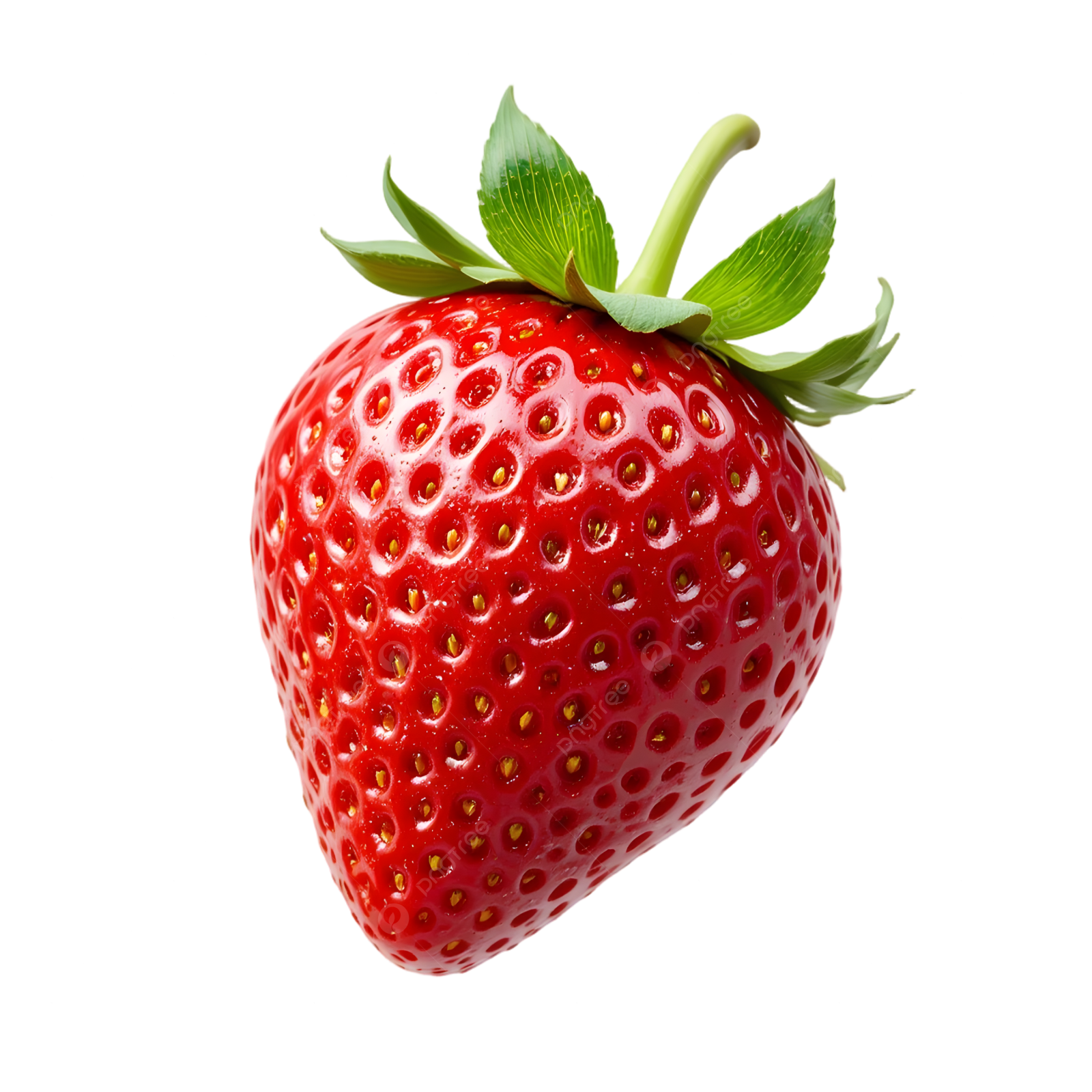 a red strawberry with green leaves on top
