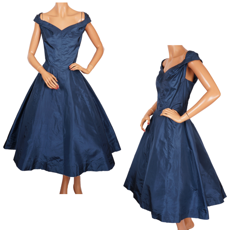 a woman wearing a dark blue dress