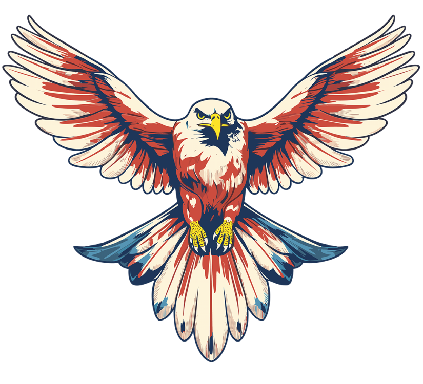a red, white and blue bird with wings spread