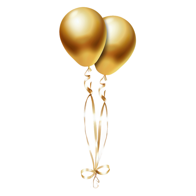 two golden balloons with a ribbon