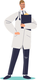 a man in a lab coat holding a clipboard