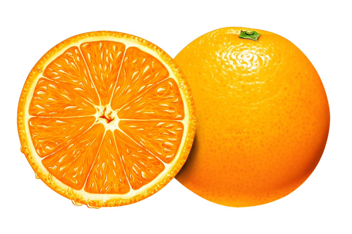 an orange cut in half on a white background