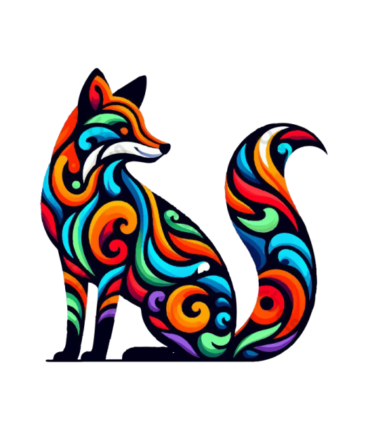 a colorful fox sitting on a white background