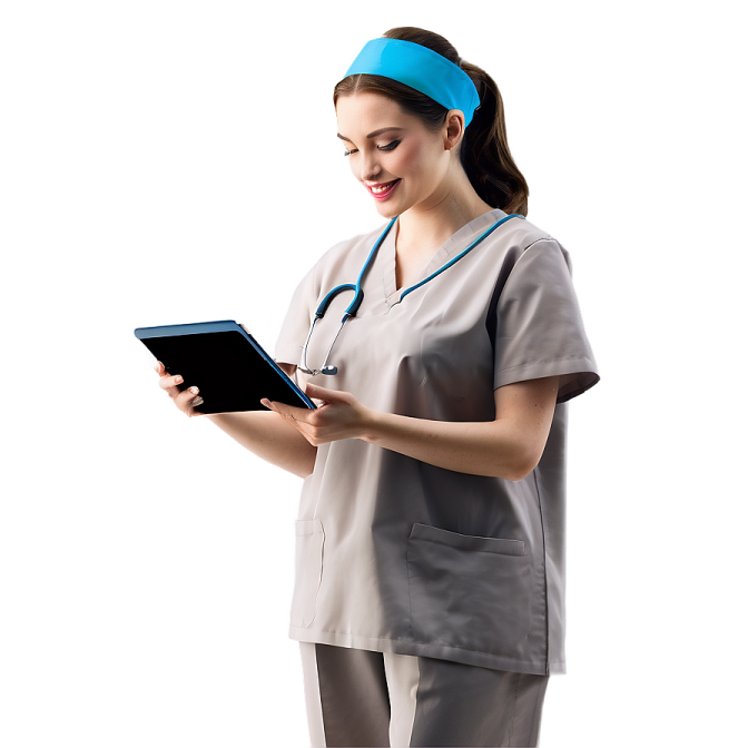 a woman wearing scrubs and holding a tablet